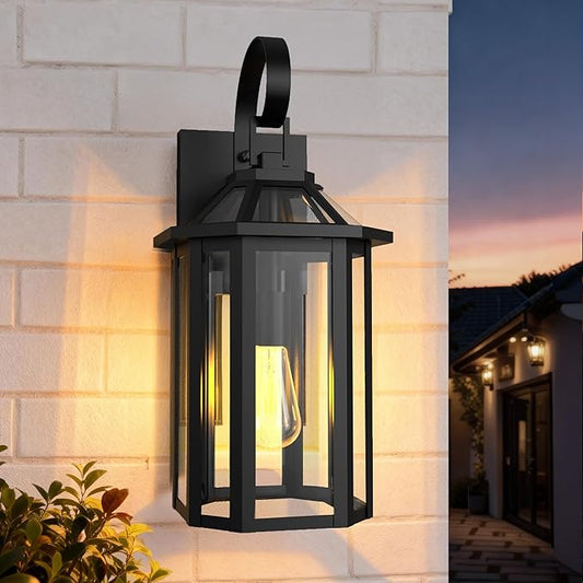 Outdoor Wall Lights, 20.24 Inch Large Waterproof Outside Wall Lantern Sconce, Clear Glass Exterior Lamp for House, Porch, Garage, 1-Light, (E26 Bulb Base, Black)