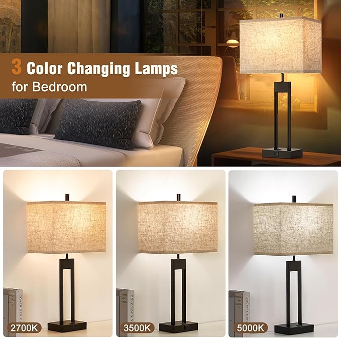 25.5’’ Nightstand Table Lamps for Bedrooms Set of 2, Bedside Lamp with USB C+A, Colors Changeable Living Room Lamps for End Tables, Modern Night Stand Lamps for Bed Side Guest Room Office Reading
