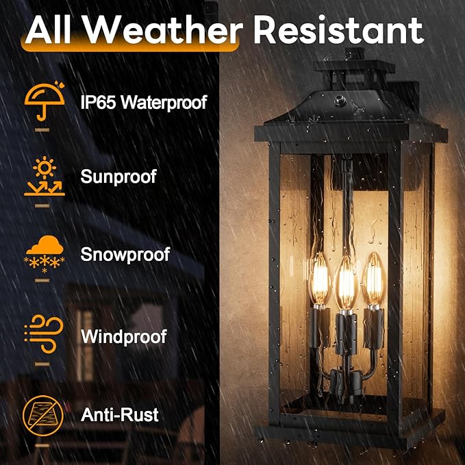 20" Large Dusk to Dawn Outdoor Lights 3-Light, 2 Pack Black Modern Exterior Lighting Fixtures Photocell Sensor Outside Porch Lights Wall Mount, Waterproof Patio Exterior Sconce Lamps E12