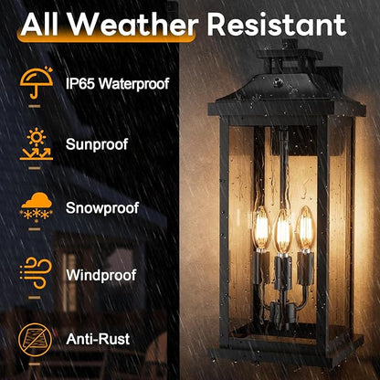20" Large Dusk to Dawn Outdoor Lights 3-Light, 2 Pack Black Modern Exterior Lighting Fixtures Photocell Sensor Outside Porch Lights Wall Mount, Waterproof Patio Exterior Sconce Lamps E12