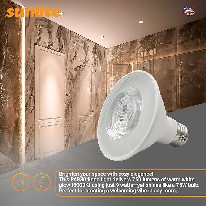 Sunlite Reflector PAR30 LED Bulb, Spotlight, 9W (75W=), 750 Lmns, Medium E26 Base, 90 CRI, Dimmable, Decorative Track Lighting Use, ETL, Title-20 Compliant, Bulk, 24 Pack, 30K-Warm White