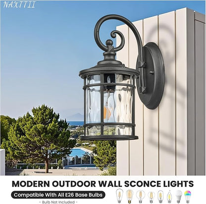 Outdoor Wall Lamps Exterior Waterproof Wall Sconce Light Fixture with Water Ripple Glass Die-Casting Aluminum Black Waterproof Wall Mount Light for Porch Garage Yards