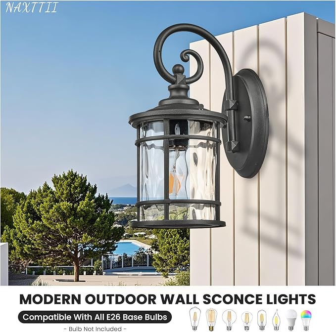 Modern Outdoor Wall Sconce Lights Exterior LightIing Fixtures with Water Ripple Glass Black Finish Die-Casting Aluminum Outdoor Porch Lights for Garden Garage Yards 15.5 Inch Height