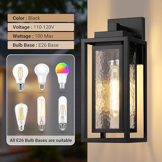 Water Ripple Outdoor Wall Lantern, Exterior Porch Light Fixture Black, 2 Pack Waterproof Wall Lights Fixture, Outside Garage Sconce Lighting, Porch Light Fixture, Mount Lamp, for Patio Outdoor Indoor