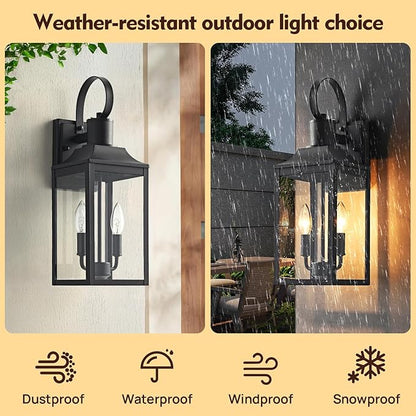 18.9" Black Dusk to Dawn Outdoor Lighting, 2-Light Industrial Porch Light with Clear Glass, Waterproof Farmhouse Outside Light Fixture Wall Mount for Porch, Patio, Garage (1 Pack)