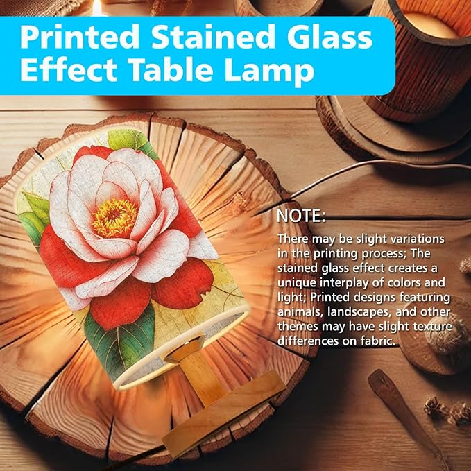 Camellia Table Lamp LED 3-Color Pressed Bedside, Camellia Shade Lamp with Wood Base for Bedroom Living Room Desk Office TL01