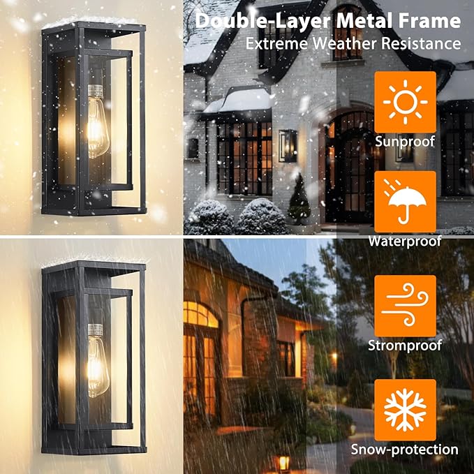 14" Outdoor Wall Lights Fixtures, Black Exterior Lighting Fixtures, Waterproof Outdoor Wall Lantern Modern Front Porch Lights with Clear Glass Coach Lights for Garage, Porch, Front Door 2-Pack
