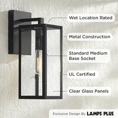 John Timberland Titan Modern Industrial Outdoor Wall Lights Fixtures Set of 2 Mystic Black Metal Damp Rated 14" Clear Glass Exterior House Porch Patio Outside Deck Garage Yard Front Door Home