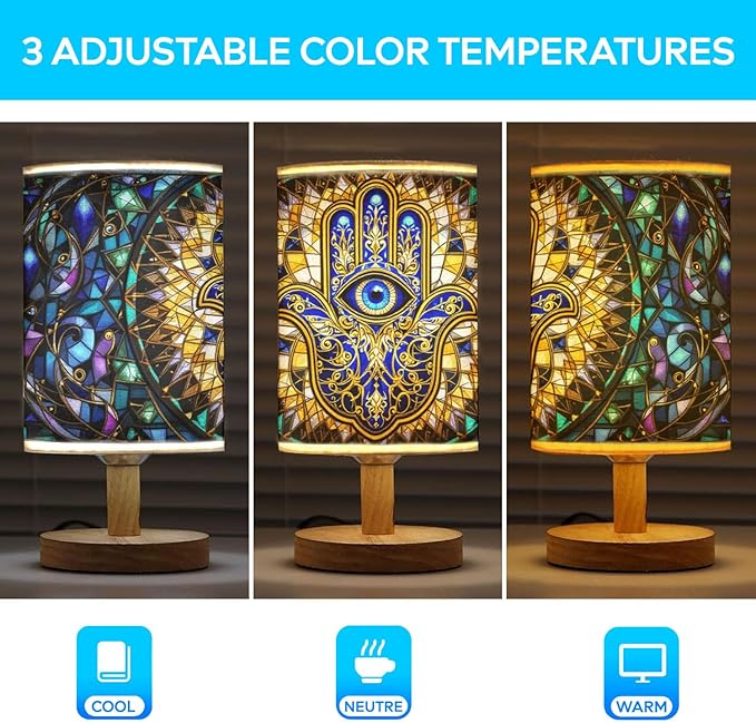 Hamsa Hand Table Lamp LED 3-Color Pressed Bedside, Hamsa Hand Shade Lamp with Wood Base for Bedroom Living Room Desk Office TL01