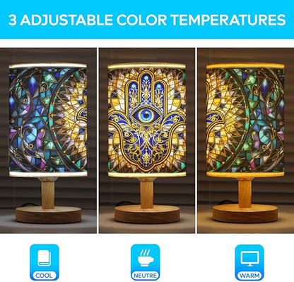 Hamsa Hand Table Lamp LED 3-Color Pressed Bedside, Hamsa Hand Shade Lamp with Wood Base for Bedroom Living Room Desk Office TL01