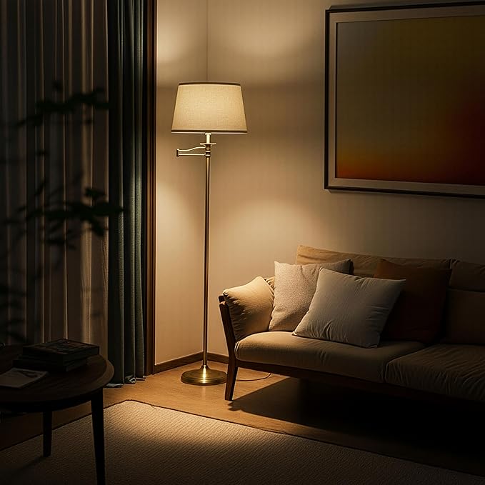 Brightech Caden LED Floor Lamp - Tall Standing Lamp with Swing Arm for Living Rooms & Offices - Antique Brass