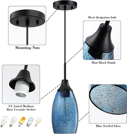 Mini Glass Pendant Light,4.72" Dark Blue Glass Hanging Light 3-Pack Handblown Clear Blue Seeded Shade Adjustable Cord Ceiling Light Fixture for Kitchen Island Sink