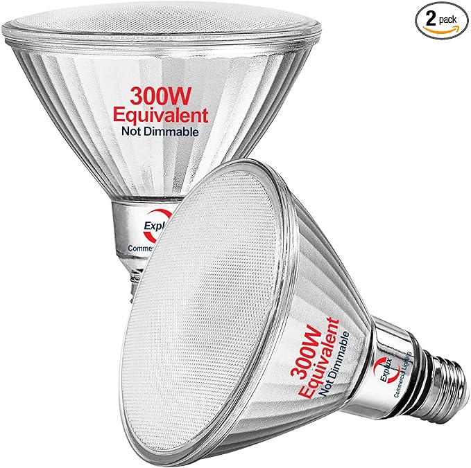 Explux 300 Watt Equivalent PAR38 LED Flood Light Bulb, Ultra Bright 4100 Lumens, Full-Glass Outdoor Waterproof & Anti-Ageing, Non-Dimmable, E26 Medium Base Spotlight, Daylight 5000K, 2-Pack