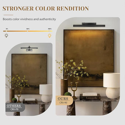Matte Black Picture Lights for Wall, 24" Art Light Hardwired, 3-Light Bronze Gallery Light, Warm White 2700k Dimmable Picture Frame Lights, 270° Vanity Light for Bathroom, Living Room, Hallway