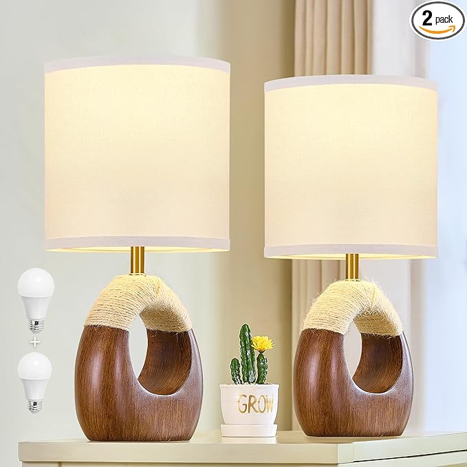 Table Lamp for Bedroom Set of 2 - Bedside Table Lamps with Adjustable Color Temperatures - Boho Rattan Lamps for Night Stands Small Farmhouse Living Room Lamp for Reading Bulbs Included