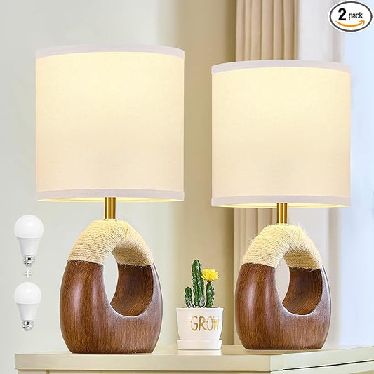 Table Lamp for Bedroom Set of 2 - Bedside Table Lamps with Adjustable Color Temperatures - Boho Rattan Lamps for Night Stands Small Farmhouse Living Room Lamp for Reading Bulbs Included