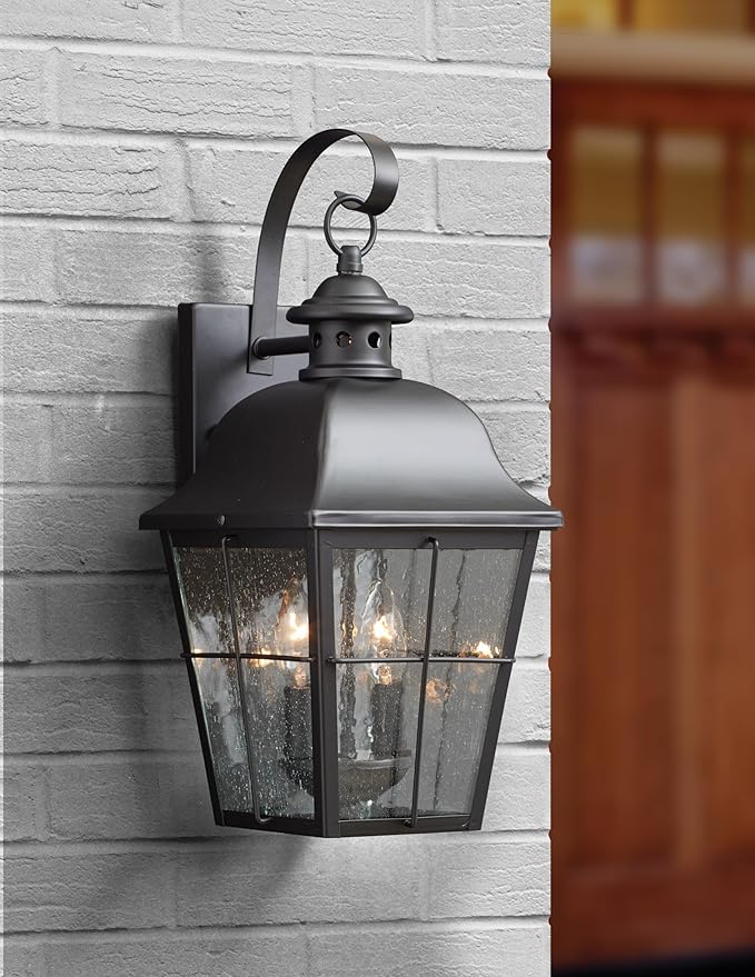 Quoizel Millhouse Outdoor Wall Lantern, 18.5 Inch, 2-Light Mystic Black Traditional Wall Sconce, Clear Seeded Glass, 60W, Exterior Wall Lantern Fixture, Outside Lights for Patio, Porch, Garage or Yard