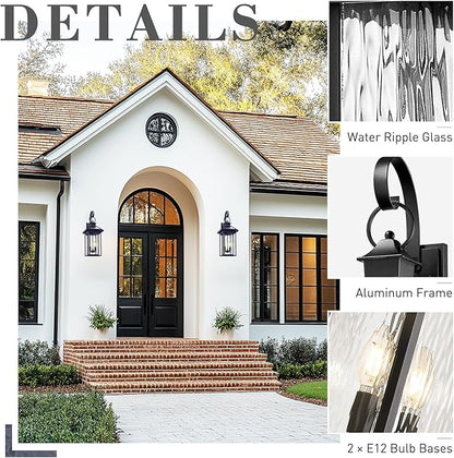 zeyu 2-Light Porch Wall Mount Light, 25.2'' Outdoor Porch Lantern Wall Mounted for House in Black Finish, Die-Cast Aluminum with Water Ripple Glass, ZW114BM BK-SW