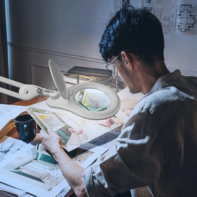 Bifocals LED Magnifying Lamp with Clamp, 5 Diopter with 20 Diopter, 5 Inch Magnifier Glass Lens, 1200 Lumens Dimmable Magnifier Lamp for Desk Craft Hobby with 60PCS Bright LEDs (White)