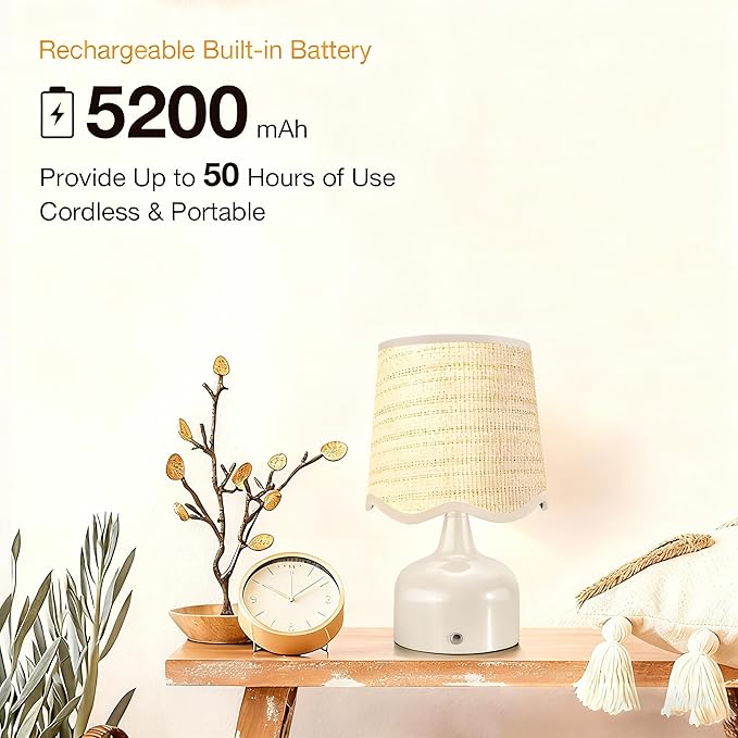 Cordless Boho Table Lamp Beige, Wicker Shade, 5200-mAh Rechargeable Battery, 3-Way Dimmable, Build-in Integrated LED 320 Lumen Max, for Bedside Living Room