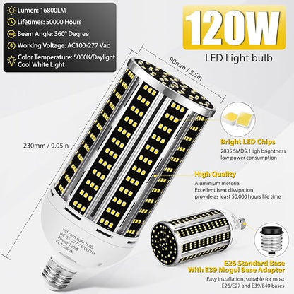 120W 2 pack LED Corn Light Bulb(1200W Equivalent ) ,Commercial Grade DayLight 5000K E26/E39 15900LM Medium Mogul Base LED Lamp,Large Area Lights For Outdoor Indoor Garage Warehouse Factory Bay Light
