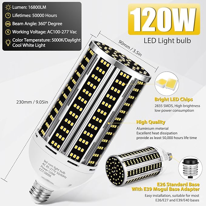 4 pack 120W LED Corn Light Bulb(1200W Equivalent ) ,Commercial Grade DayLight 5000K E26/E39 15900LM Medium Mogul Base LED Lamp,Large Area Lights For Outdoor Indoor Garage Warehouse Factory Bay Light