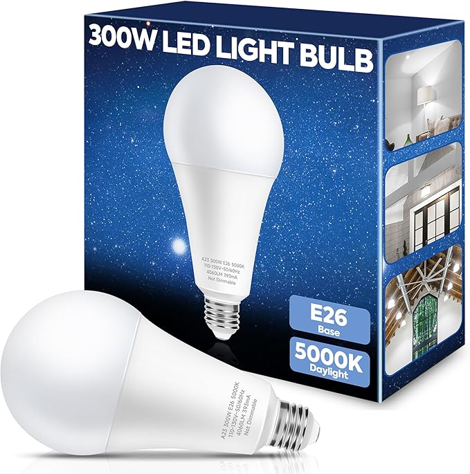 300W Equivalent LED Light Bulb, 4060LM Super Bright A23 LED Bulb, Daylight 5000K, 33W Energy Saving, E26 Medium Base, 120V for Garage, Warehouse, Shop, Supermarket, Non-Dimmable