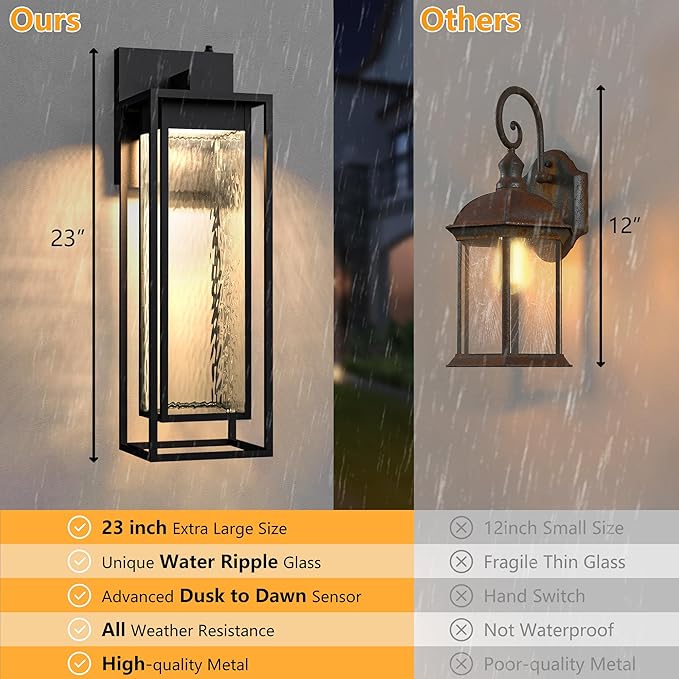 𝟐𝟑𝐈𝐍𝐂𝐇 Extra Large Dusk to Dawn LED Outdoor Light, Black Front Door Light, Rippled Glass Wall Sconce Waterproof Exterior Lighting Fixtures, Outdoor Lights for House Garage Patio
