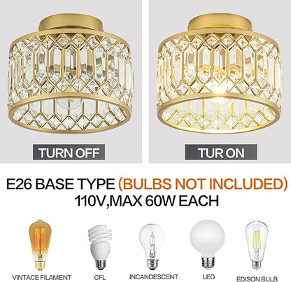 Crystal Ceiling Light, Modern Semi Flush Mount Ceiling Light, Gold Crystal Chandelier for Kitchen Bedroom Bathroom Entryway (Bulb not Included)