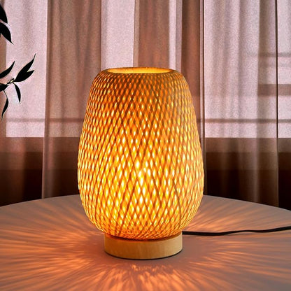 Bamboo Table Lamp for Bedroom,Boho Rattan Bedside Lamp, Vintage Wooden Wicker Nightstand Lamp Shade for Farmhouse, Desktop, Handmade Rustic Indirect Lighting