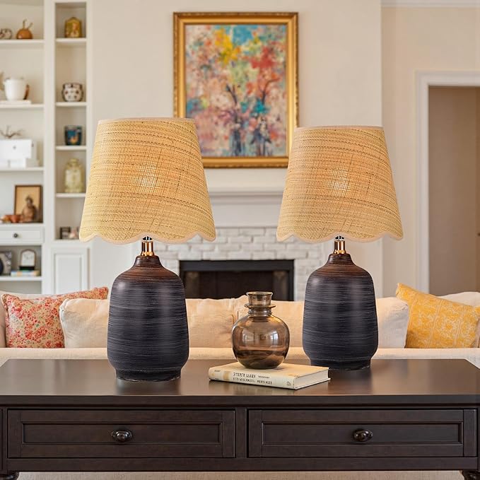 19" Boho Ceramic Table Lamp Set of 2, Handmade Ceramic Base with Rattan Shade, Farmhouse Plug-in Bedside Nightstand Lamps for Bedroom, Living Room, E26 Socket, Black with White Striped