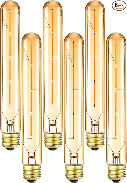 E26 Led Bulbs T10 Dimmable Tubular Light Bulb 4W Equivalent 40 Watt E26 Tube Bulbs 2700K Warm White Amber Glass Edison Style Vintage LED Light Bulb 8.9in,6-Pack.