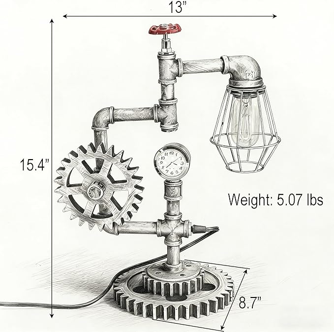 Antique Steampunk Pipe Table Lamp with Adjustable Joint & Clock (Cage Shade) QTF-BT05