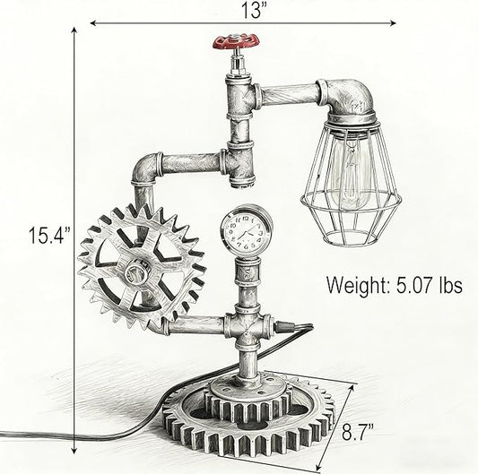 Antique Steampunk Pipe Table Lamp with Adjustable Joint & Clock (Cage Shade) QTF-BT05