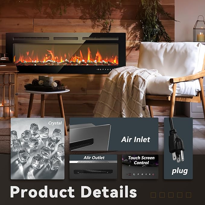 EUHOMY 50 Inch Electric Fireplace Wall Recessed and Wall Mounted with Adjustable Flame Color, Fireplace Heater with Remote Control, Linear Fireplace with Timer, Touch Screen, Log & Crystal, 750/1500W