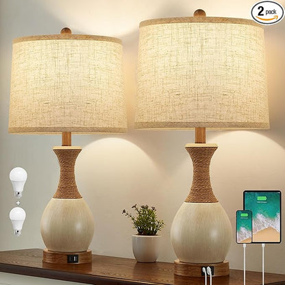 Table Lamp for Bedroom Set of 2 - Bedside Table Lamps with Adjustable Color Temperatures - Boho Rattan Lamps for Nightstand with USB A+C Charging Ports Farmhouse Living Room Lamp Bulb Included