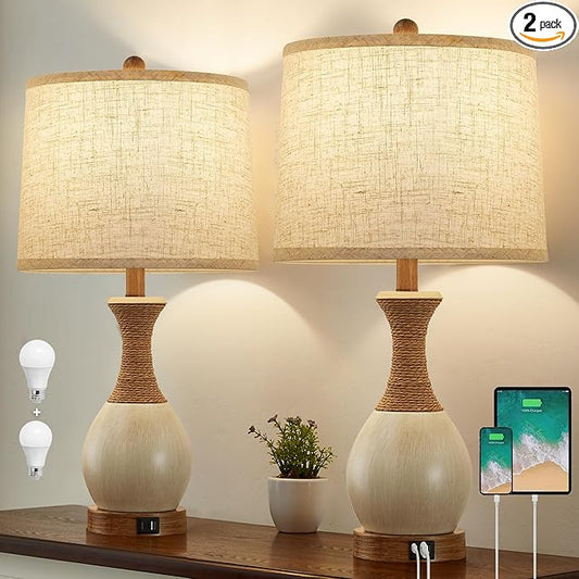 Table Lamp for Bedroom Set of 2 - Bedside Table Lamps with Adjustable Color Temperatures - Boho Rattan Lamps for Nightstand with USB A+C Charging Ports Farmhouse Living Room Lamp Bulb Included