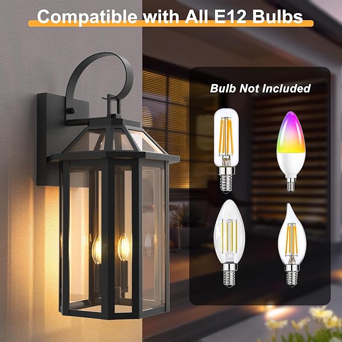 Large Outdoor Wall Lantern 2-Light, 26.3 Inch Waterproof Exterior Wall Sconce Light Fixtures, Glass Porch Lights for Front Door, Patio, and House Garage, Black