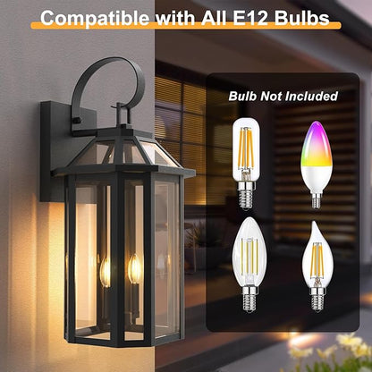 Large Outdoor Wall Lantern 2-Light, 26.3 Inch Waterproof Exterior Wall Sconce Light Fixtures, Glass Porch Lights for Front Door, Patio, and House Garage, Black