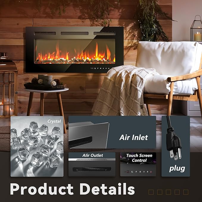 EUHOMY 36 Inch Electric Fireplace Wall Recessed and Wall Mounted with Adjustable Flame Color, Fireplace Heater with Remote Control, Linear Fireplace with Timer, Touch Screen, Log & Crystal, 750/1500W