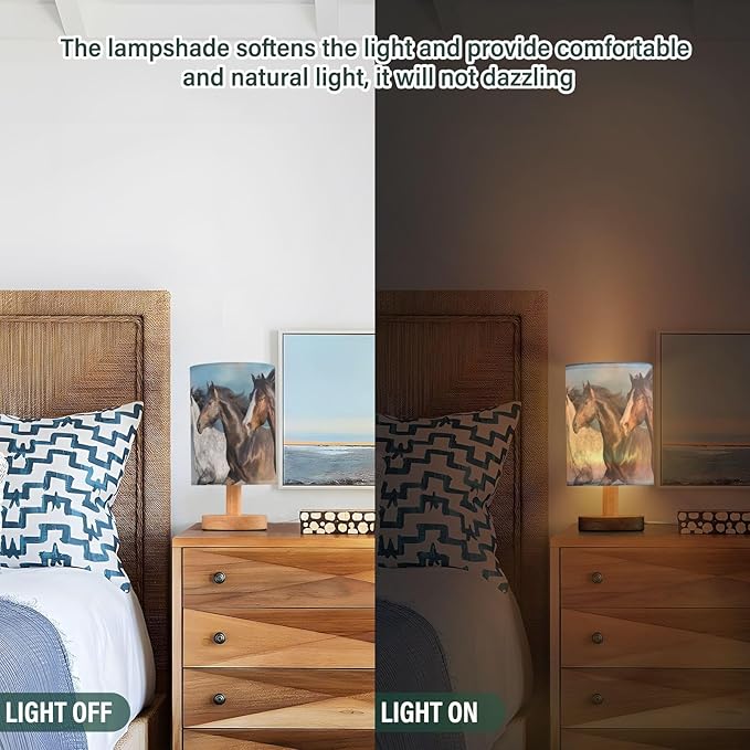 Bedside Lamp Horses Table Lamp for Bedroom LED Nightstand Lamp Shade USB Ports Wood Base for Living Room Dorm Office