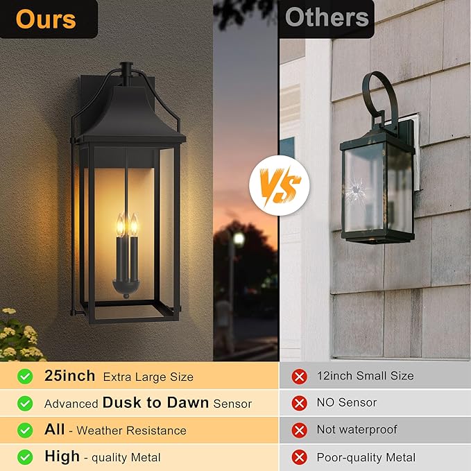 25-INCH Dusk to Dawn Outdoor Wall Light, Large Size Waterproof Patio Lanterns, 3-Light Exterior Wall Mount Lantern Sconce with Glass, Black Wall Sconces for House Garage Front Door