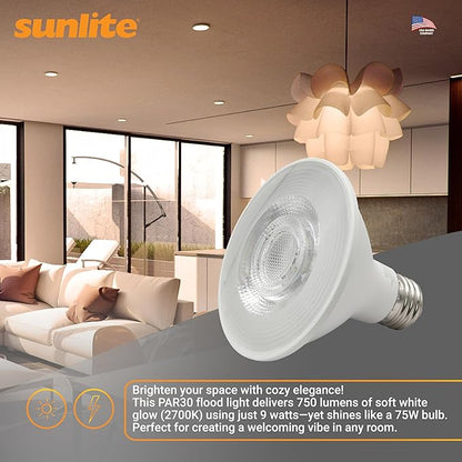 Sunlite Reflector PAR30 LED Bulb, Spotlight, 9W (75W=), 750 Lmns, Medium E26 Base, 90 CRI, Dimmable, Decorative Track Lighting Use, ETL, Title-20 Compliant, Bulk, 24 Pack, 27K-Soft White