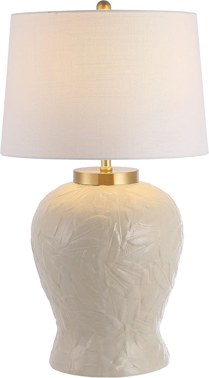 JONATHAN Y JYL6617A 31.5" Bohemian Palm Leaf Ceramic Table Lamp, Cream Cottage Bedside Lamp for Living Room, Bedroom Nightstand, Coastal End Table Lamp with White Linen Shade, LED Bulb Included