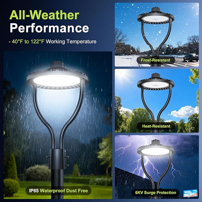 3 Pack LED Post Top Light, Selectable Wattage (60W/48W/36W) & Color Temperature (3000K/4000K/5000K), DLC & ETL Listed, 9000LM with Photocell, IP65 Waterproof for Yard and Street
