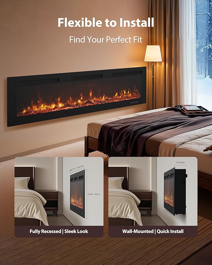 EUHOMY 72 Inch Electric Fireplace Wall Recessed and Wall Mounted with Adjustable Flame Color, Fireplace Heater with Remote Control, Linear Fireplace with Timer, Touch Screen, Log & Crystal, 750/1500W