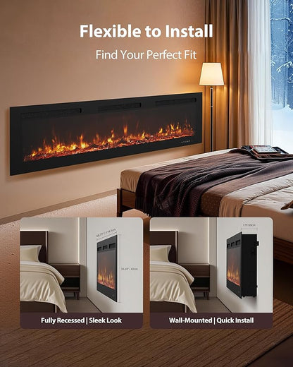 EUHOMY 72 Inch Electric Fireplace Wall Recessed and Wall Mounted with Adjustable Flame Color, Fireplace Heater with Remote Control, Linear Fireplace with Timer, Touch Screen, Log & Crystal, 750/1500W
