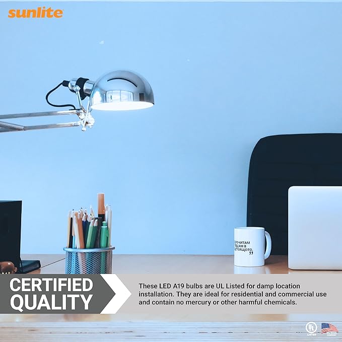 Sunlite LED A19 Light Bulb, 6 Watts (40 Watt Equivalent), 480 Lumens, 120 Volts, Dimmable, Medium E26 Base, UL Listed, RoHS, 6500K Daylight, 12 Pack