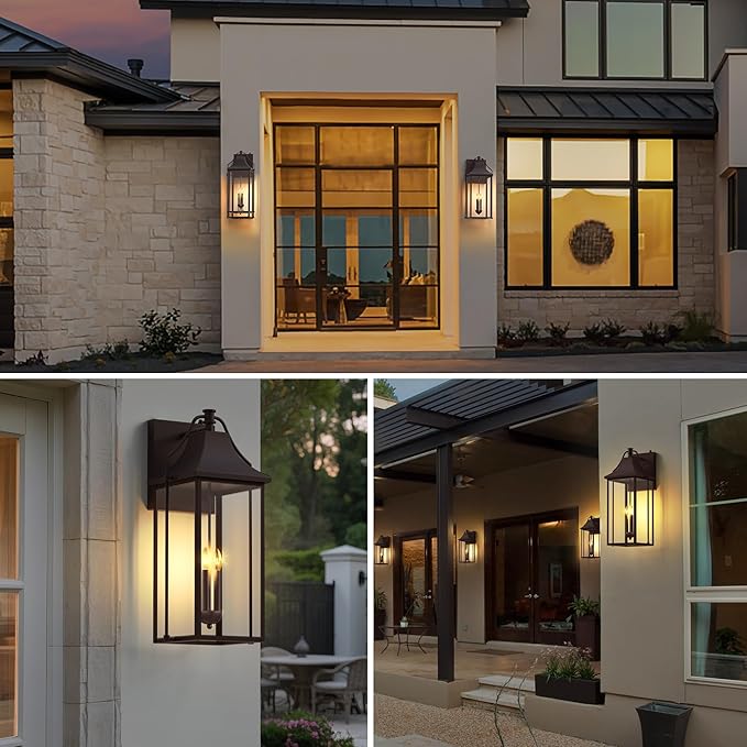 𝟐𝟓-𝐈𝐍𝐂𝐇 Dusk to Dawn Outdoor Wall Light, Large Size Waterproof Patio Lanterns, 3-Light Oil Rubbed Bronze Exterior Wall Mount Outside Sconce with Glass for House