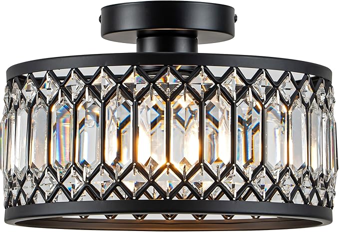 Crystal Ceiling Light Fixture, Modern Flush Mount Ceiling Light, Black Crystal Chandelier for Kitchen Bedroom Bathroom Entryway Hallway